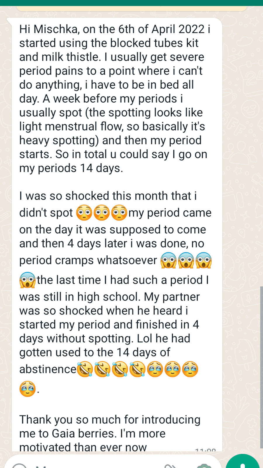 WhatsApp testimonial from a GaiaBerry customer (18)