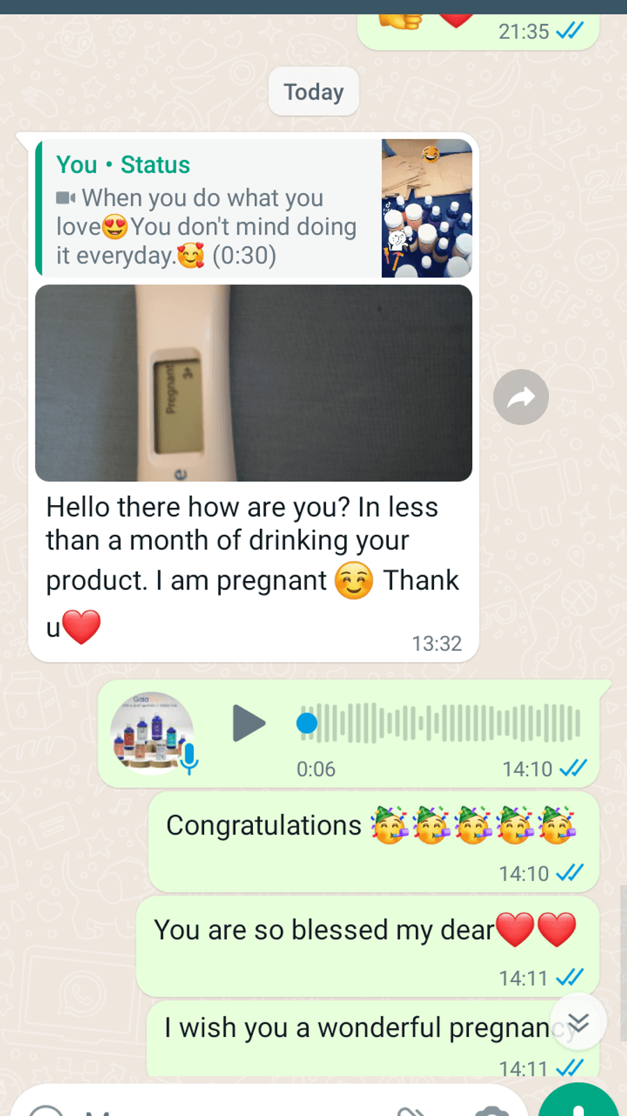 WhatsApp testimonial from a GaiaBerry customer (12)
