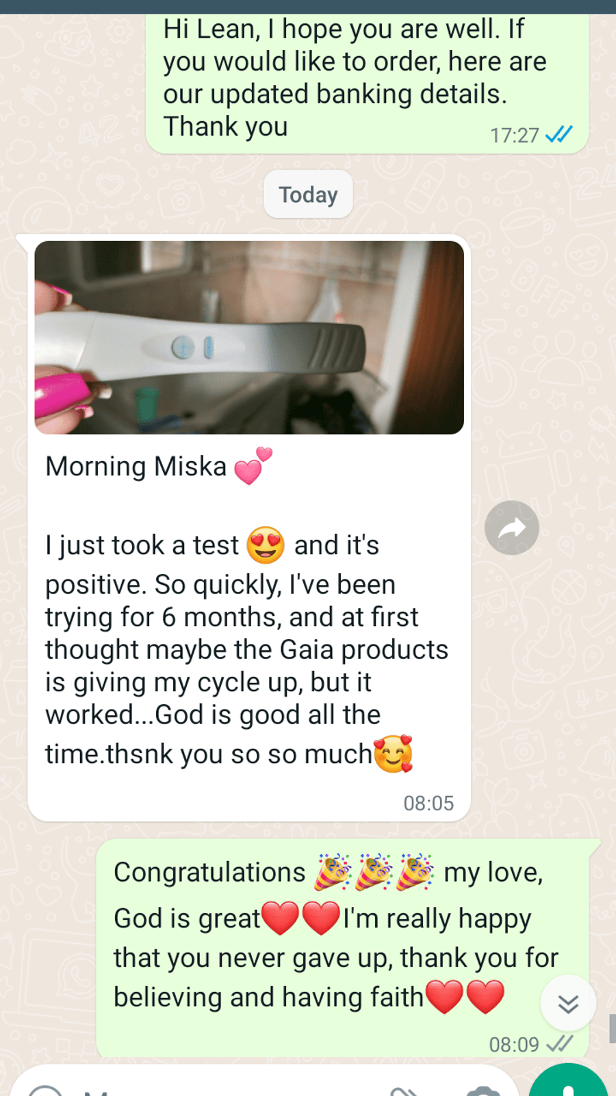 WhatsApp testimonial from a GaiaBerry customer (20)