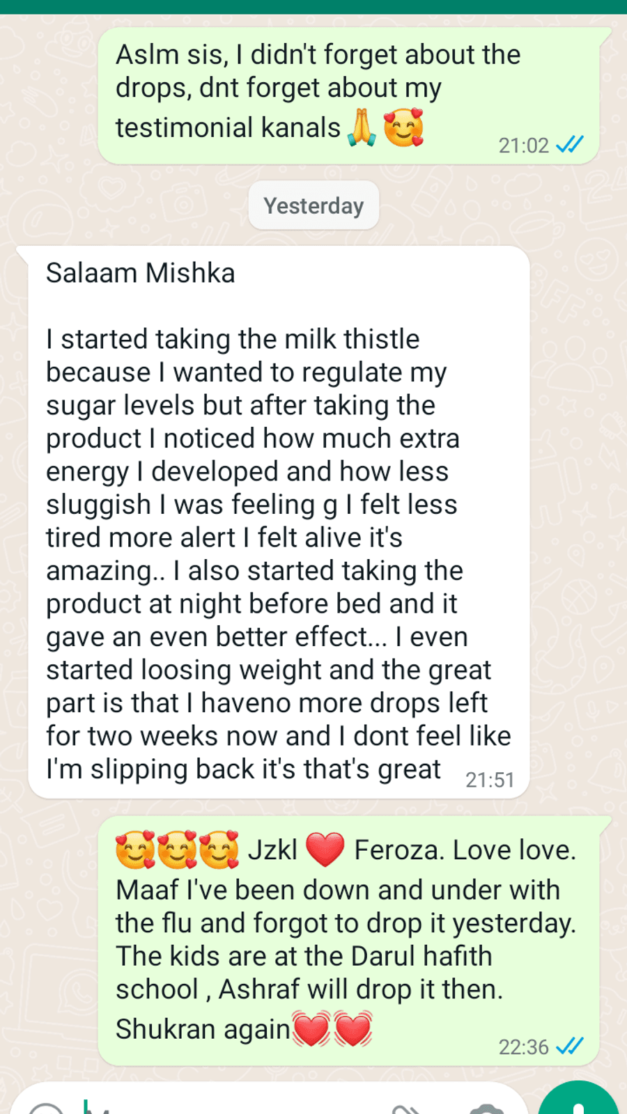 WhatsApp testimonial from a GaiaBerry customer (8)