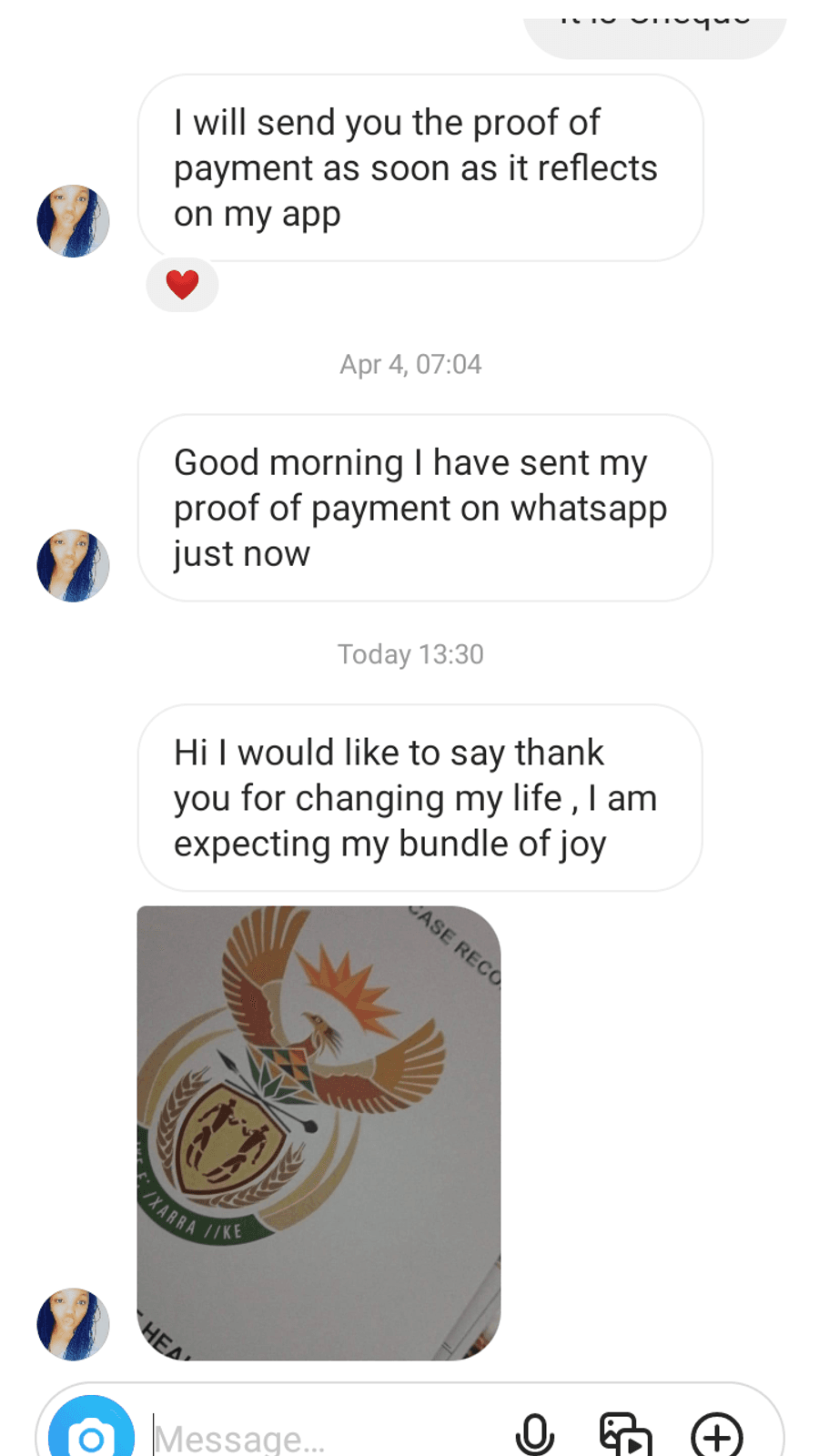 WhatsApp testimonial from a GaiaBerry customer (7)