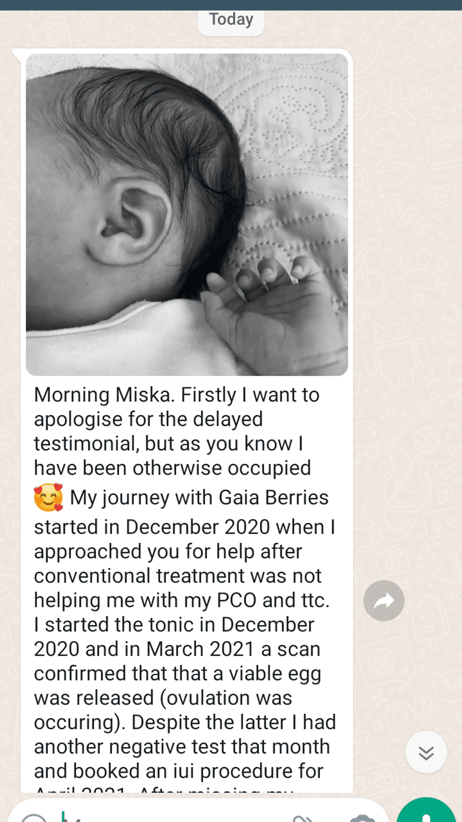 WhatsApp testimonial from a GaiaBerry customer (26)